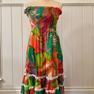Tropical Leaf Print Off-Shoulder Maxi Dress
